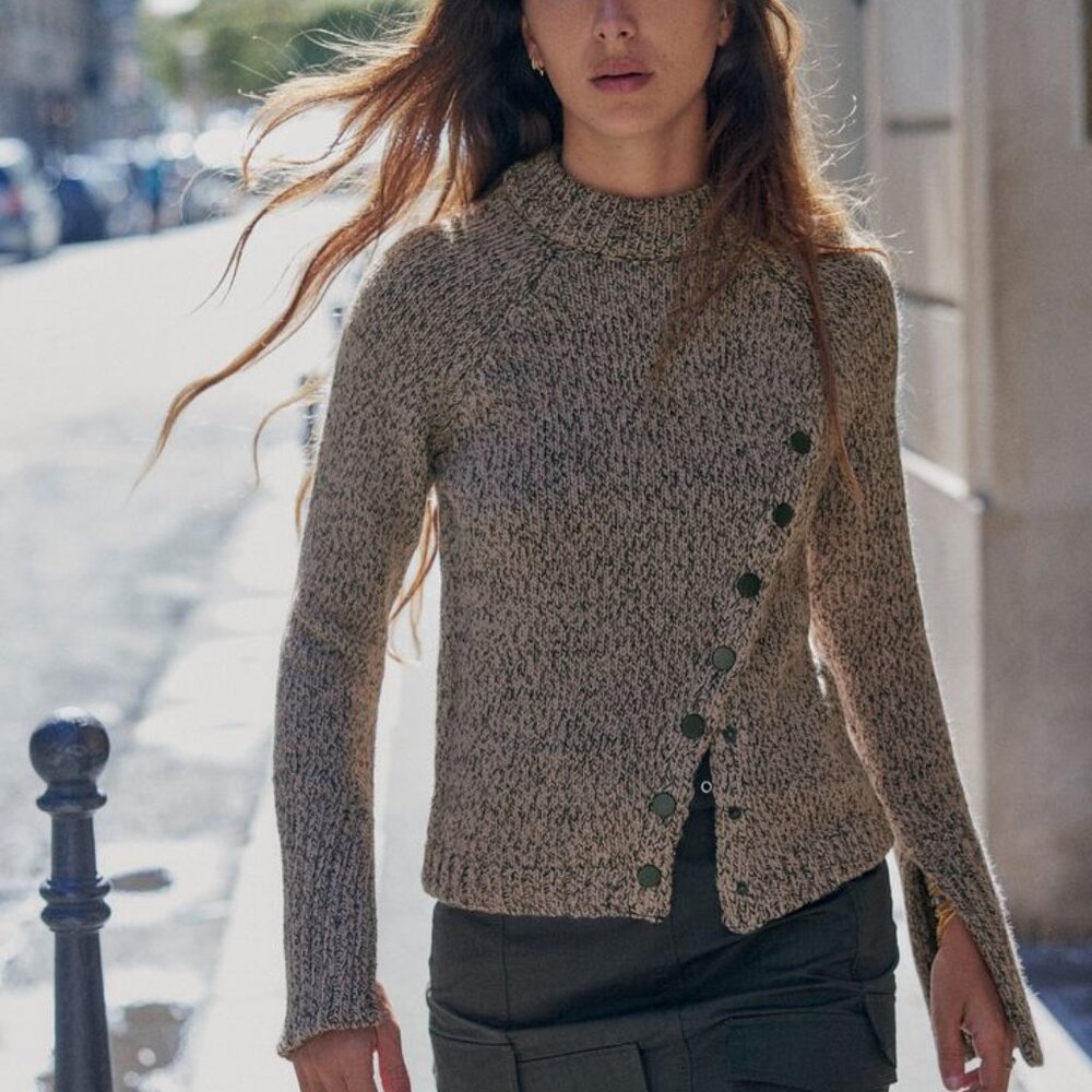 Zara Asymmetric Button Twisted Yarn Knit Sweater - Size Large